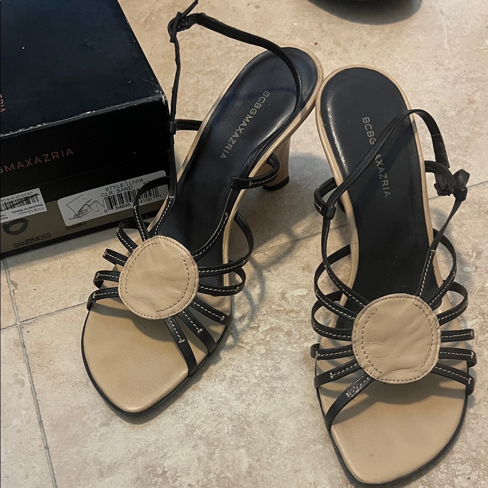 BCBGMaxAzria Black and Tan Strappy Sandals